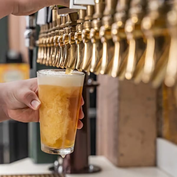 A hand holds a glass of golden beer with a foamy head, being poured from a row of brass taps.