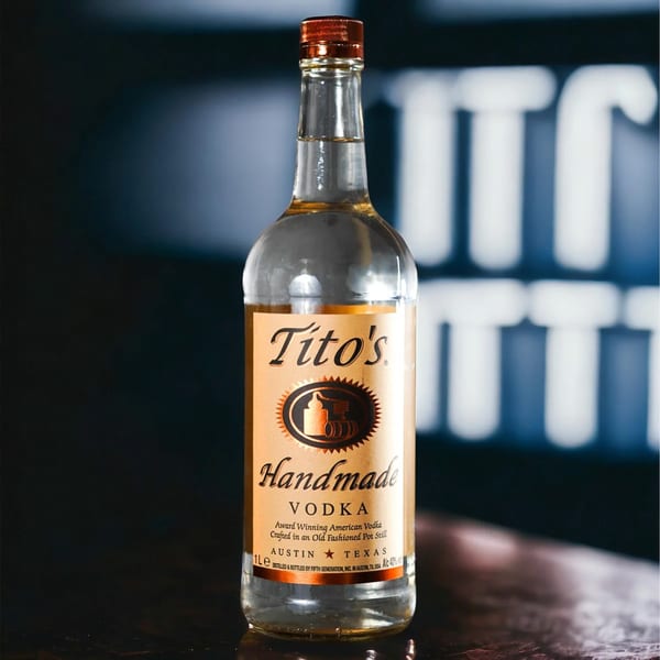 A bottle of Tito's Handmade Vodka with a golden label sits on a dark bar.